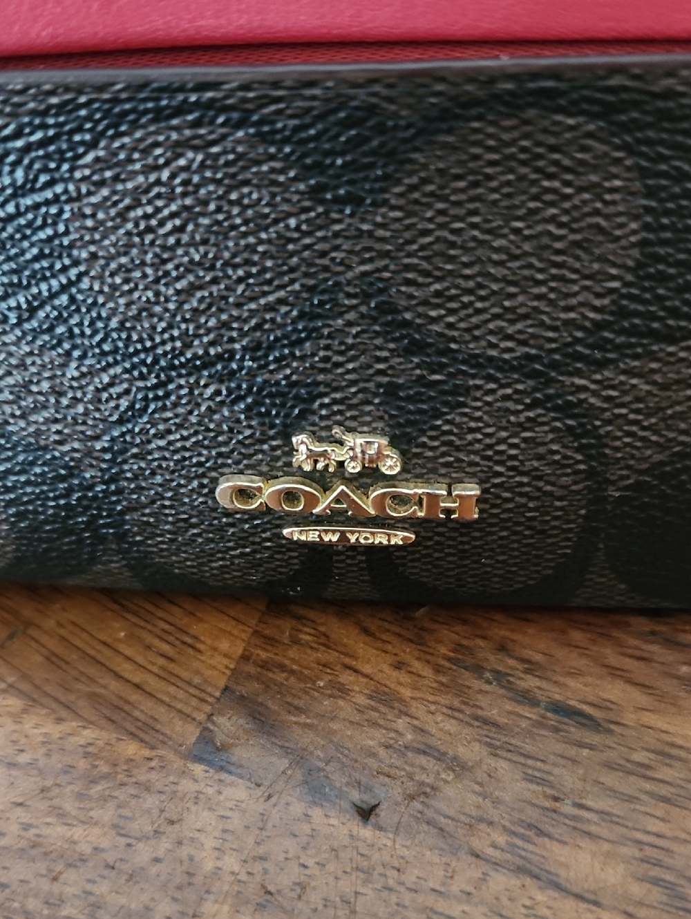 COACH Signature Canvas Card Case Wallet in Brown and Red - Picture 2 of 8